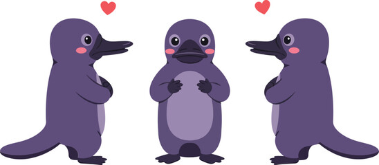 Obraz premium Cute purple platypus characters in minimal flat design vector art