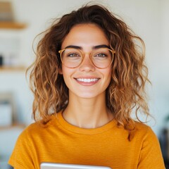 Obraz premium Young woman with curly hair and glasses smiles warmly. Positive and approachable, she exudes confidence.