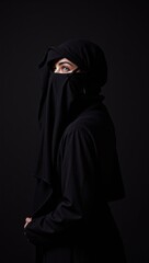 Elegant Portrait of a Young Muslim Woman in Traditional Black Attire, Veiled and Standing Against a Dark Background, Capturing Cultural Identity and Modern Fashion