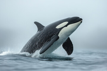 Fototapeta premium a killer whale jumping out of the water. Its powerful body is partially in the air, and droplets of water splash around. 