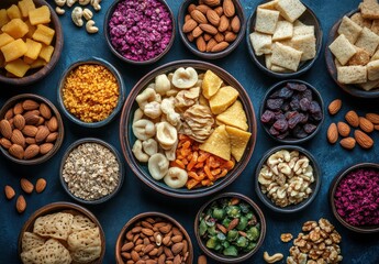 Colorful Display of Dried Fruits, Nuts, and Snacks in Bowls on Dark Background for Healthy Eating and Lifestyle Promotion