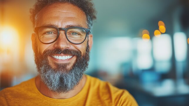 Happy mature man with graying beard smiles warmly.  Positive vibes and a cheerful expression.