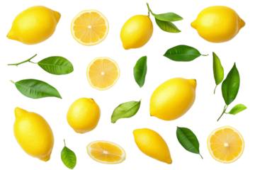 Close up of a bunch of lemons and their leaves, isolated