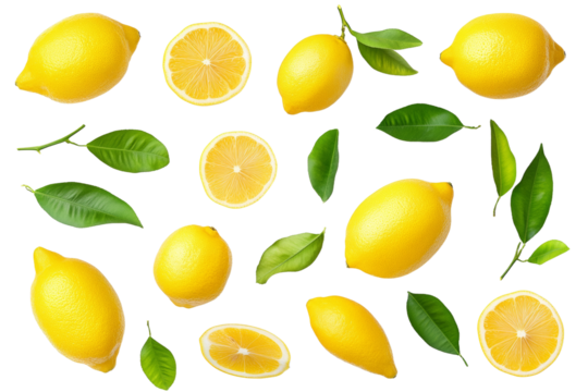 Close up of a bunch of lemons and their leaves, isolated