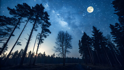 night sky lanscape in the woods with full moon