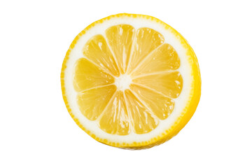 Slice of lemon is shown on a white background, isolated