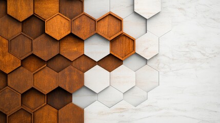 Geometric hexagon pattern in wood and stone.  A blend of warm and cool tones creates a visually striking design.