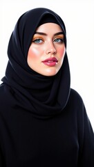 Naklejka premium Portrait of a Young Middle-Eastern Woman in a Black Hijab, Showcasing Striking Blue Eyes and Flawless Skin in a Studio Setting