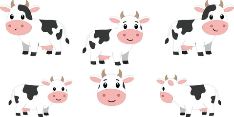 Cute cartoon cow characters in flat style showcasing various poses vector illustration