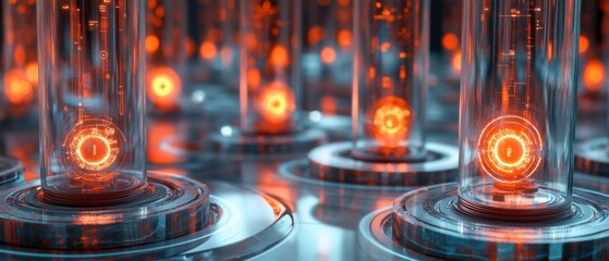 Futuristic laboratory scene with glowing orange orbs in glass cylinders, advanced technology research and development concept