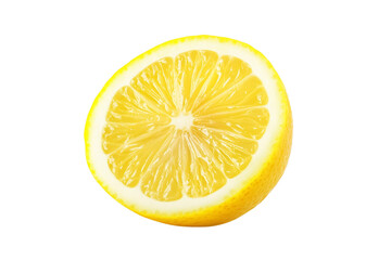 Slice of lemon is shown on a white background, isolated