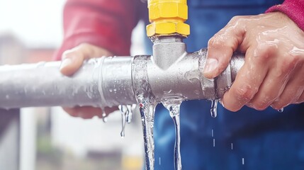 A person is repairing a pipe with a yellow valve, water is leaking, highlighting plumbing work and the need for maintenance.