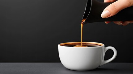 Coffee is being poured from black carafe into white cup