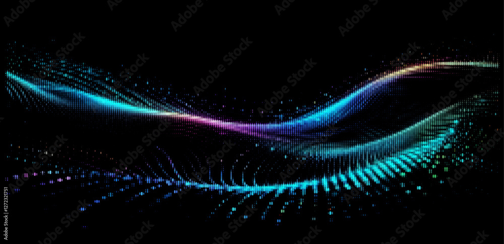 Poster vector illustration features graceful, multicolored waves of particles flowing smoothly on a black b