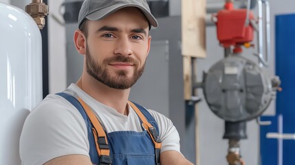 A smiling male technician in work attire stands in a workshop, showcasing his skills amidst plumbing equipment.