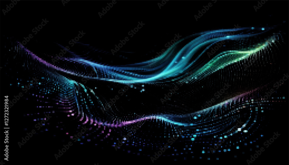 Poster vector illustration features graceful, multicolored waves of particles flowing smoothly on a black b