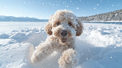 Playful Poodle Enjoying Winter Wonderland: Adorable Dog Frolicking in Snow-Covered Landscape with Snowflakes, Mountains, and Blue Sky in a Joyful Moment