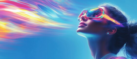 Woman wearing futuristic VR glasses experiencing colorful digital stream, exploring metaverse Concept of virtual reality, technology, innovation, and future
