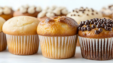 Delicious muffins, bakery display, white background, food photography, recipe website