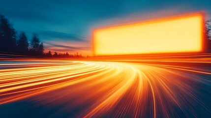 Obraz premium Abstract sunset landscape with a vibrant, glowing billboard and a fast-moving car's light trails.