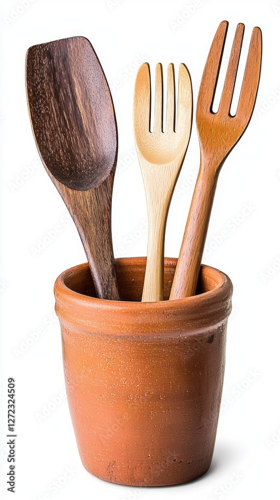 Poster a charming assortment of wooden utensils, including spoons and forks, is elegantly arranged in a rus