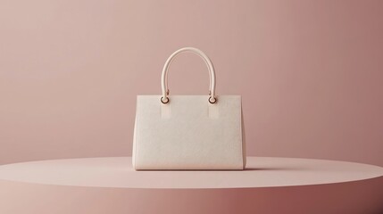 Cream-colored tote bag on a pink round platform.