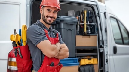 A smiling worker in red overalls stands confidently near a van filled with tools and equipment, ready for a job.