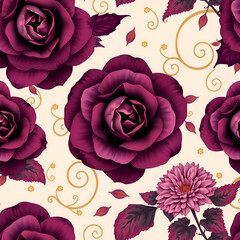 Seamless Floral Pattern with Dark Purple Roses and Gold Swirls on a Cream Background