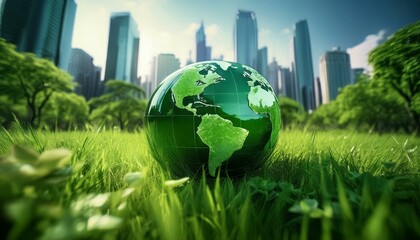 未来の都市と自然の調和：緑豊かな草原に映る地球