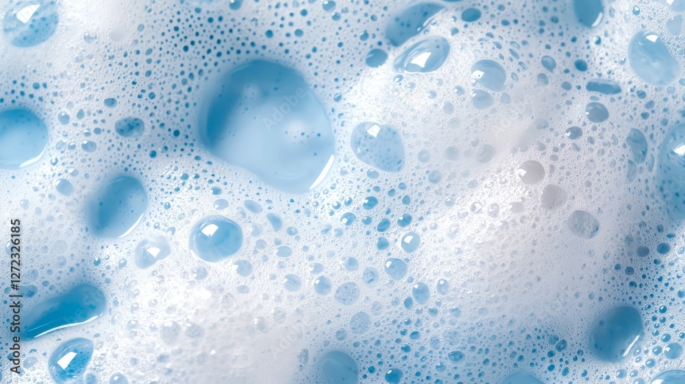 Poster Delicate clusters of soap foam reveal intricate patterns and textures, showcasing a captivating array of bubbles in a soft blue hue that glistens under light