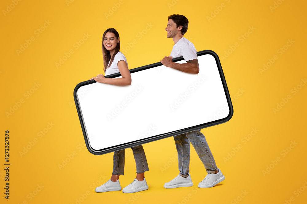 Poster millennial couple holding big huge smartphone with empty screen on orange studio background. mockup 