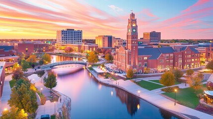 Beautiful Sunset Over Downtown River Cityscape