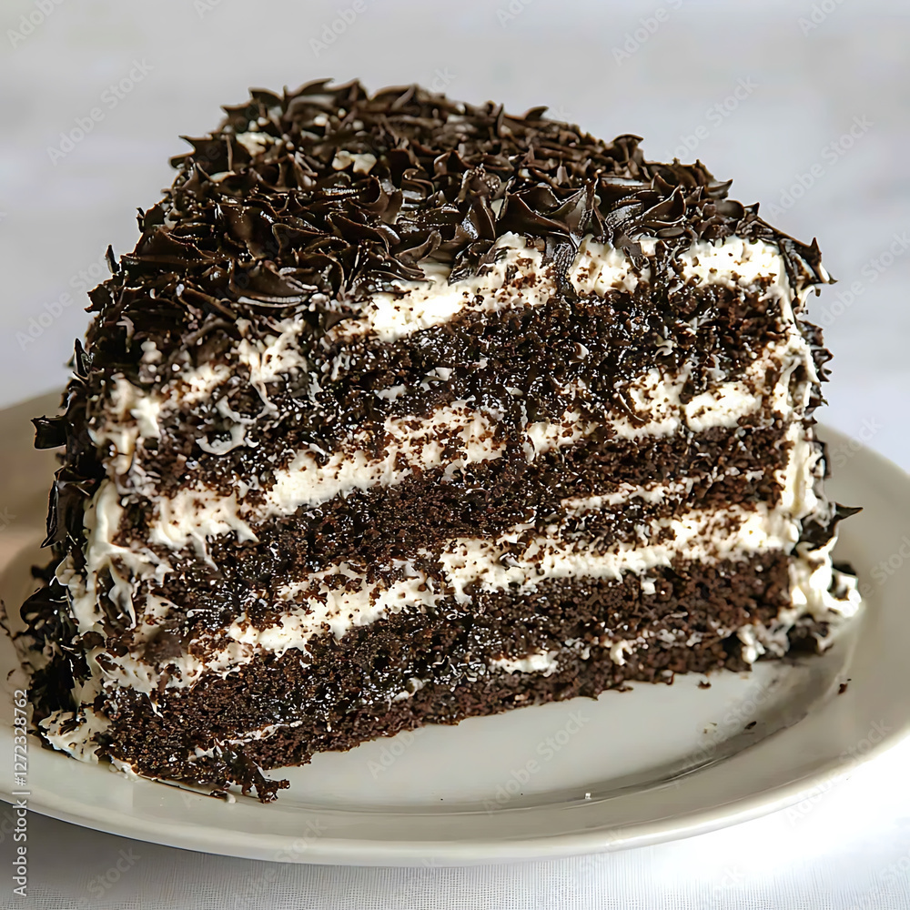 Wall mural A delicious slice of layered chocolate cake with white cream frosting and chocolate shavings on a white plate.