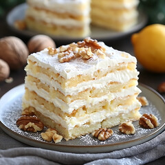 Layered dessert with white cream walnuts and powdered sugar on a gray plate with more walnuts in the background.