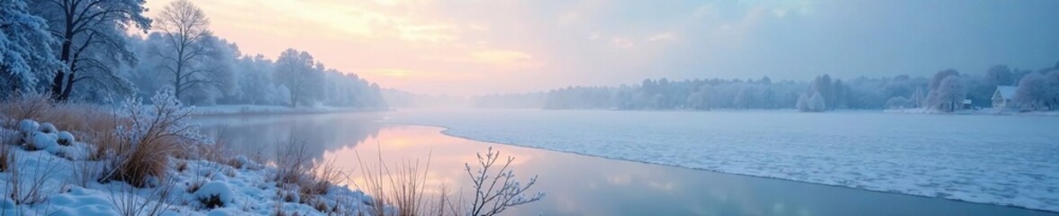 Fototapeta premium A frozen lake with a misty morning atmosphere near Gothenburg, frozen, gothenburg
