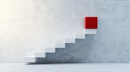 Fototapeta premium A red cube sits atop a white staircase, symbolizing progress and achievement.