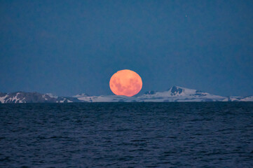 Antarctic Peninsula, Drake Passage:  Sunrise/sunset, orange moon.