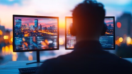 Fototapeta premium A programmer works late into the night, illuminated by the glow of their computer screens displaying a cityscape at sunset. Focus is on the coder's back.