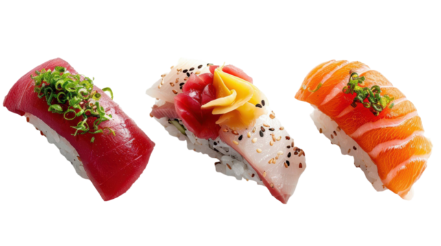 Colorful sushi platter featuring three types of nigiri with vibrant toppings on a white background