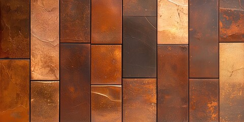 Varied textured rectangular brown and orange tiles arranged vertically