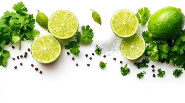 Fresh limes and coriander arranged on a clean surface, perfect for culinary inspiration.