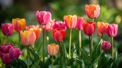 Obraz premium Vibrant tulips in various colors blooming beautifully in a sunny garden.
