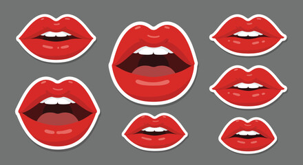 Red lips in various expressions with flat design style vector illustration
