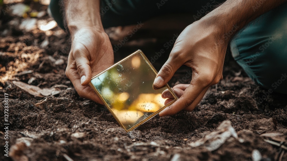 Poster a person is holding a small square object in their hand