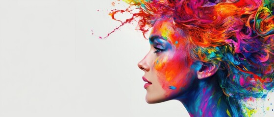 Profile of a young woman with vibrant, colorful face and hair paint splattered against a white background Concept of art, creativity, color, and Holi festival