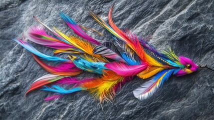 Colorful feather lure on stone