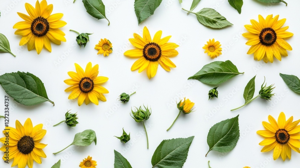Poster a stunning array of bright yellow sunflowers and lush green leaves spread across a light background,