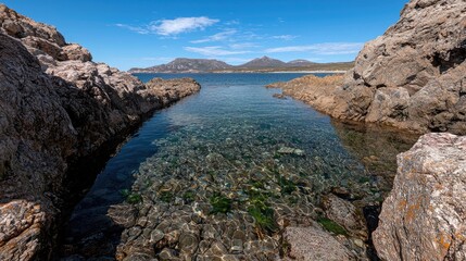 Coastal Cove Reflecting Mountains. Clear Water. Peaceful Scene. Possible use for nature photography, travel brochure