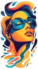 Vibrant portrait of a young woman with sunglasses, her face depicted in bold, colorful strokes.  A stylish and expressive image.