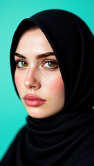 Naklejka premium Portrait of a Young Middle-Eastern Woman with Long Dark Hair, Wearing a Black Hijab, Against a Vibrant Turquoise Background